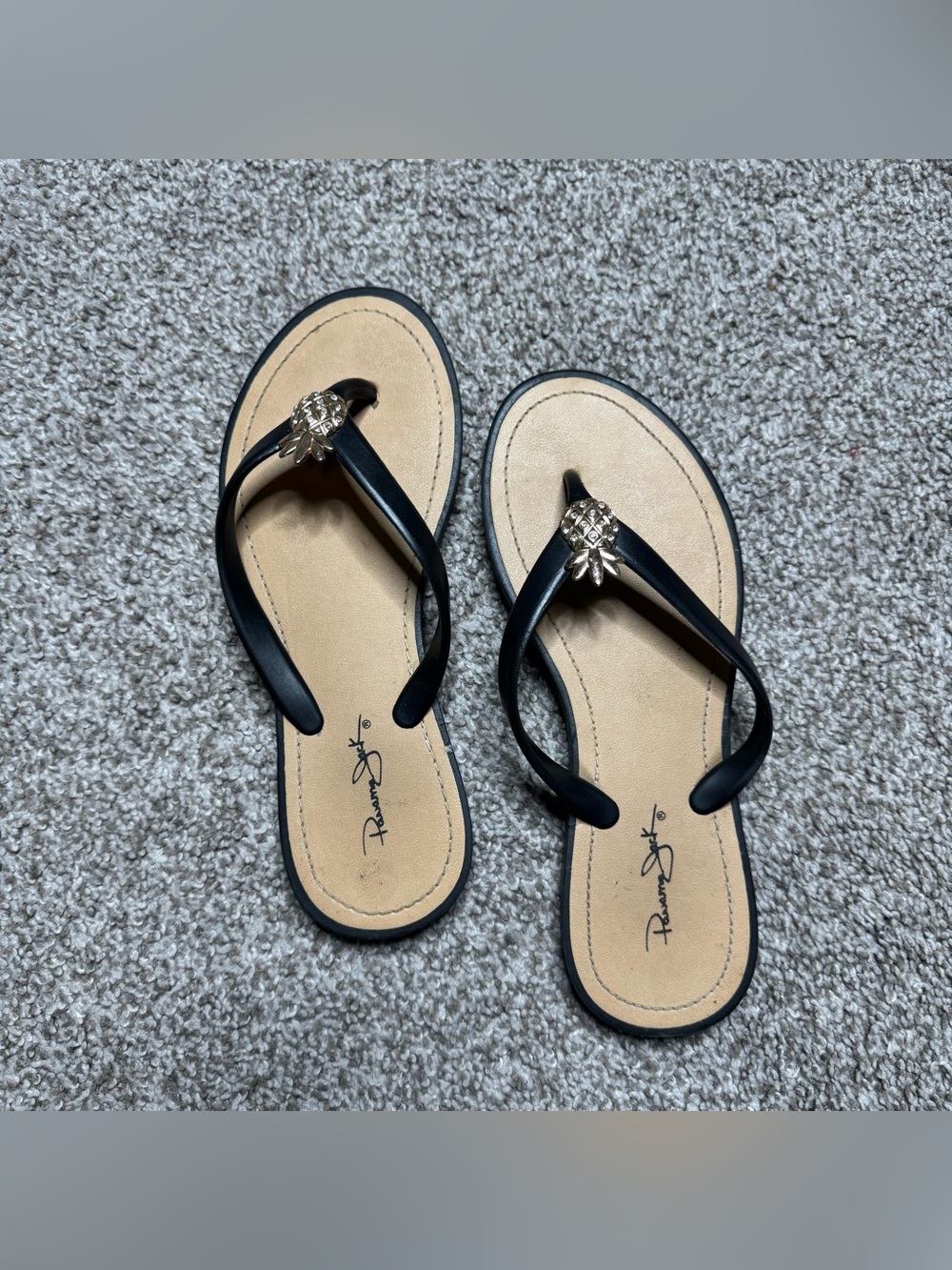 Panama Jack Women's Black Flip Flop Sandals with Pineapple Detail